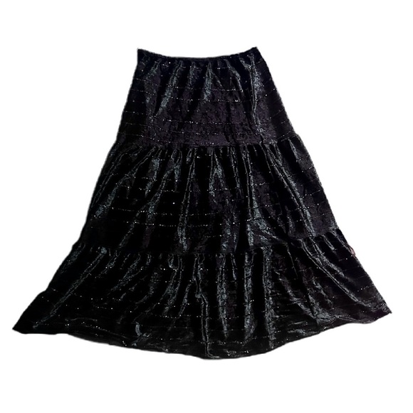 Vamp Dresses & Skirts - 90’s Sparkly Velvet Black Velour Elegant Tiered Maxi Ruffle Skirt Whimsigoth